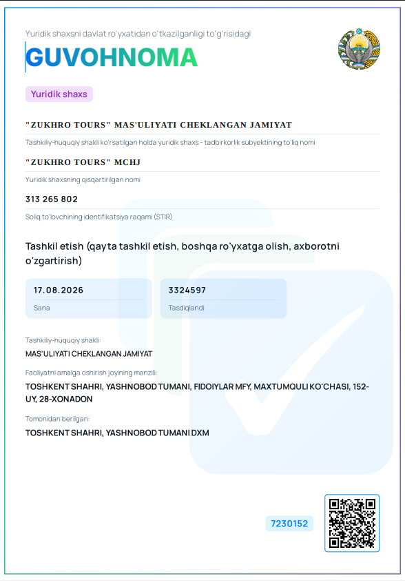 Zukhro Tours Davlat Ro'yxatidan O'tish Guvohnomasi